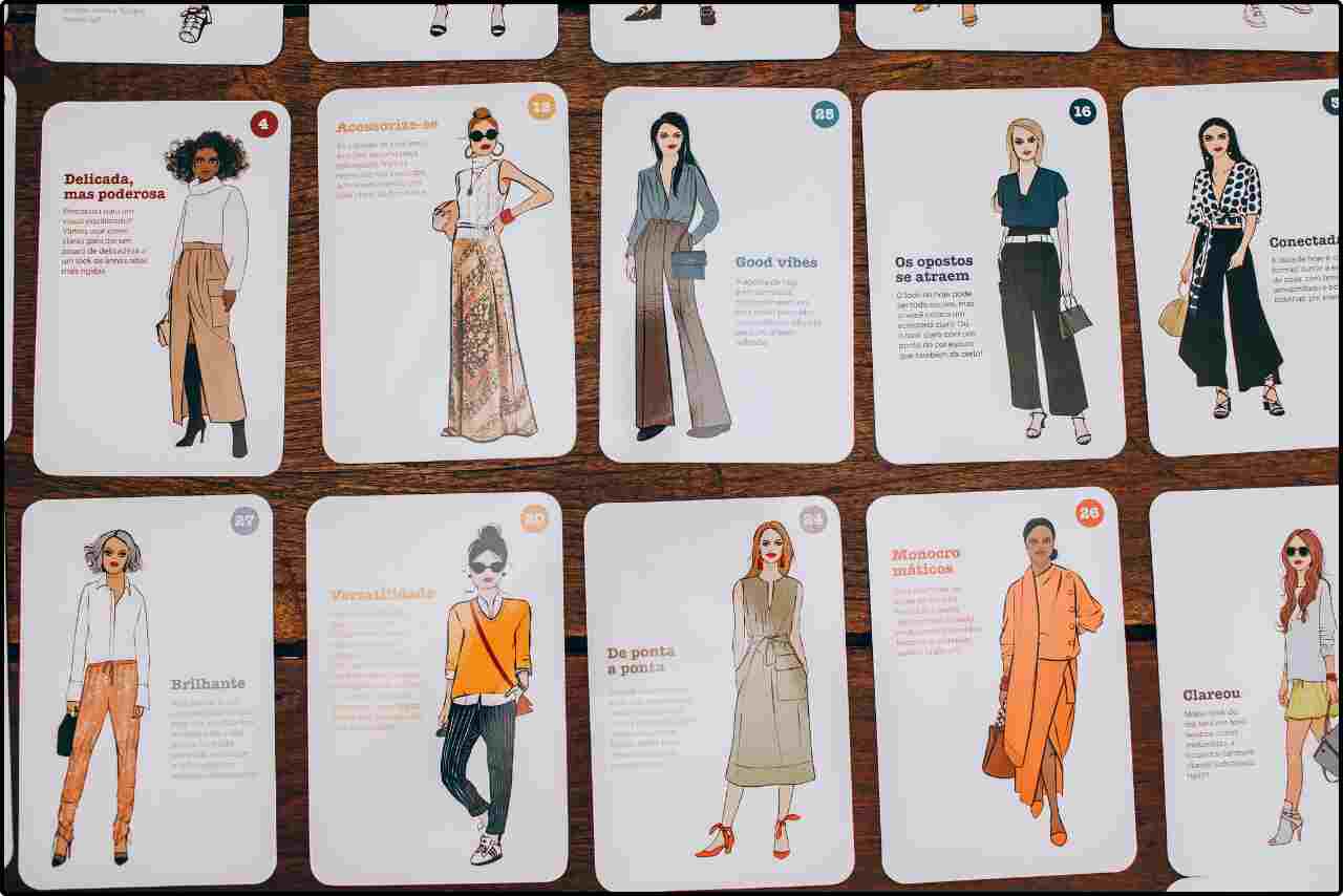 Fashion illustration cards on a Table, featuring various clothing designs.